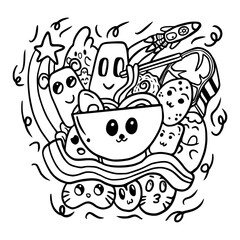 cute funny hand drawn doodles style, ramen background, food illustration,  vector illustration