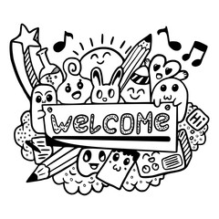funny welcome text hand drawn doodles illustration, background, vector illustration