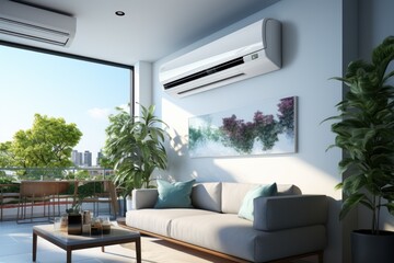 Air source heat pump installed in residential building. - obrazy, fototapety, plakaty