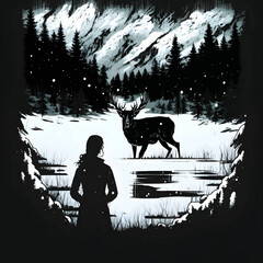 Black silhouette of a girl, moose, lake and forest on white background.