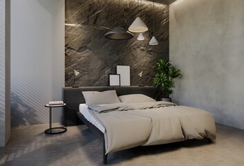 Modern bedroom interior design contemporary, with natural tones on the room, walls, floor and ceiling. rendering illustration