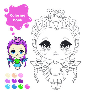 Coloring book for kids. Anime girl with wings.