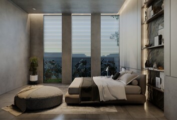 Modern bedroom interior design contemporary, with natural tones on the room, walls, floor and ceiling. rendering illustration