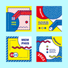 Memphis banners. Abstract retro posters with minimalistic patterns and geometric shapes in blue, red and yellow. collection square white flyers vector graphic design template for social media posts.