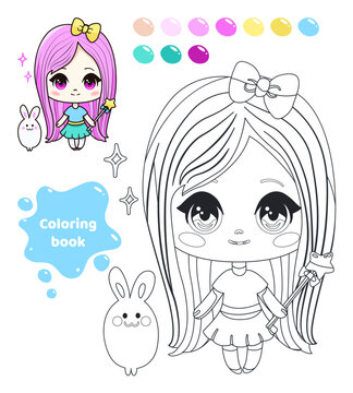 Coloring book for kids. Anime girl with bunny.
