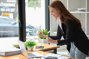 Business, finance and employment, female successful entrepreneurs concept. Confident smiling Asian businesswoman, using a laptop at work