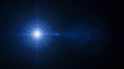 Bright star with four white and many blue beams. Chromatic aberration light effect.