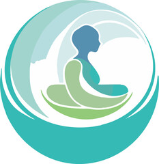 Abstract woman's silhouette, yoga pose yoga logo. yoga logo with water shape. blue ocean wave in behind on white background