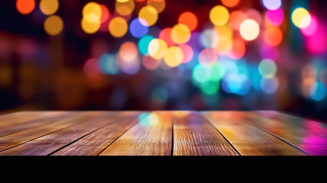 image of wooden table in front of abstract blurred background of resturant lights, made with generative AI tools.