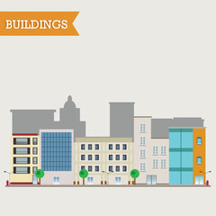 Isolated colored street city view with different buildings Vector