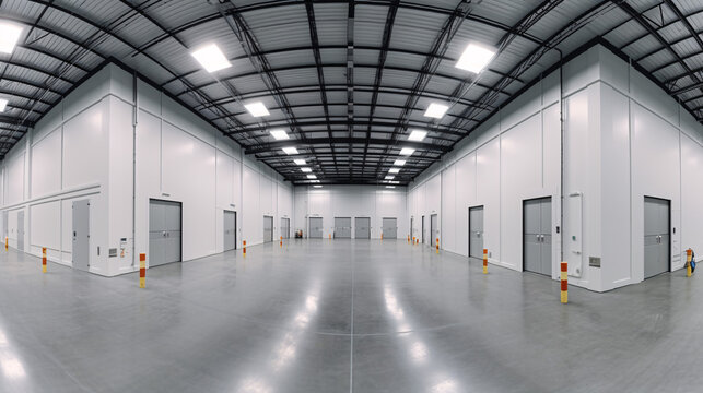 Panorama of empty room of modern storehouse with gates. Generative Ai