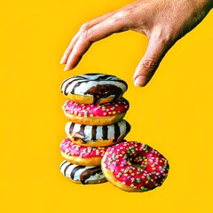  Hand Holding Donut With Yellow Background