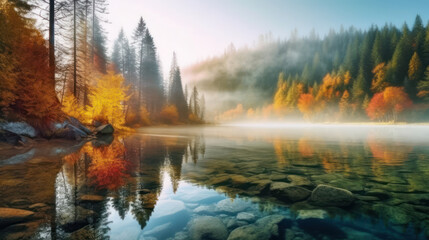 Autumn forest with fog reflected in water. 