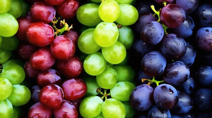 Naklejka na ściany i meble Background of fresh grapes arranged together representing concept of health diet. Top view. Generative Ai