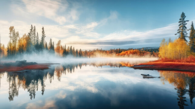 Autumn forest with fog reflected in water. 