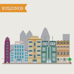 Isolated colored street city view with different buildings Vector