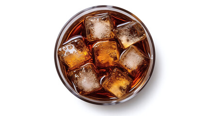 Cola in glass with ice cubes and straw from top view isolated on white background. Generative Ai - obrazy, fototapety, plakaty