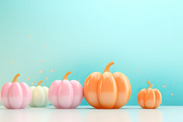 minimalist light pastel colored autumn / fall concept or greeting card with different colors shiny 3d pumpkins on a mint background. Generative AI. 