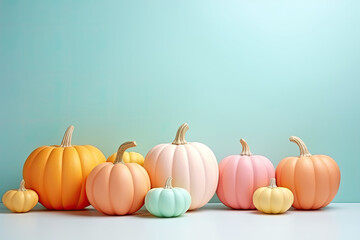 minimalist pastel colored autumn / fall concept or greeting card with different colors pumpkins set-up on a mint background. Generative AI. 