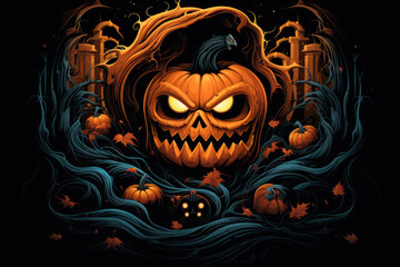Scary spooky jack-o-lantern illustration on black background. Generative AI. 