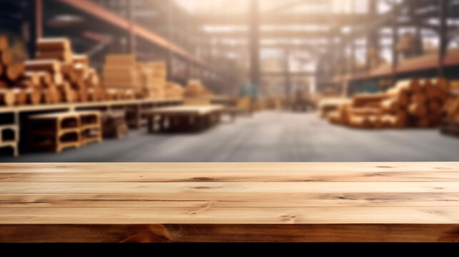 The empty wooden table top with blur background of factory. Exuberant image. Generative Ai