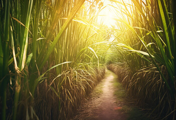 Sugar cane in plantation with sunlight. Generative AI - obrazy, fototapety, plakaty