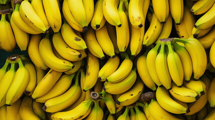 Background of fresh bananas arranged together representing concept of health diet. Top view. Generative Ai