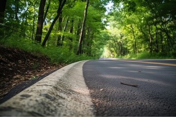 Obraz premium Sun-dappled Forest Road: Low Angle View of Curving Asphalt & Concrete Verge