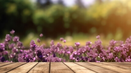 Obraz na płótnie Canvas Wooden board empty Table Top And Blur flower garden Background