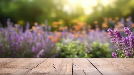 Obraz na płótnie Canvas Wooden board empty Table Top And Blur flower garden Background