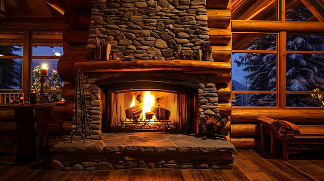 Warm and cozy fireplace in winter log cabin, christmas time, illustration. Generative AI