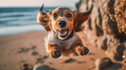 Fototapeta Close up photo of a Dachshund dog jumping to the beach obraz