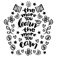 The more you learn, the more you earn. hand lettering quotes.
