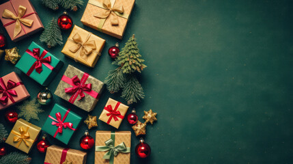 Colorful christmas background with presents and christmas tree
