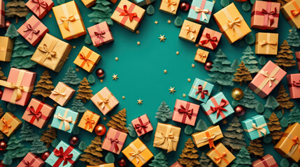 Colorful christmas background with presents and christmas tree