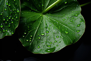 Green leaf with water droplets on the top against dark green background. Generative AI. 