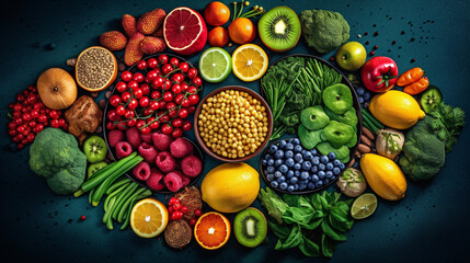 healthy food selection. Top view. Generative Ai