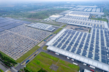 aerial shot of a car factory