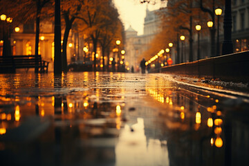 Fototapeta na wymiar Abstract background of autumn raining city in Europe, river, beautiful european architecture reflected in puddles, no people outdoor. Generative Ai