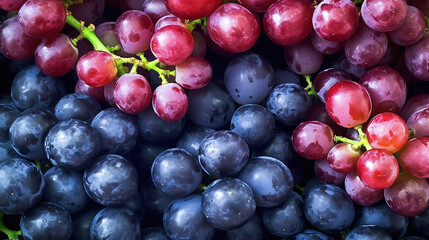 Background of fresh grapes arranged together representing concept of health diet. Top view. Generative Ai