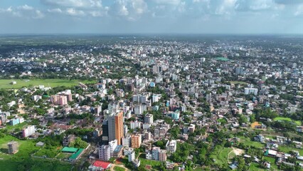 Aerial view of cities with lots of trees, Aerial View of Bogra City in Bangladesh.