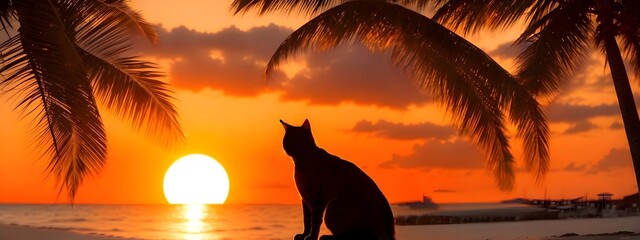 a cat watching a beautiful sunset on the beach, AI generative