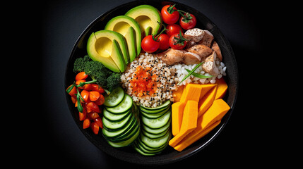 Buddhist bowl. Buckwheat, pumpkin, chicken fillets, avocados, carrots. On a dark background. Top view. Generative Ai