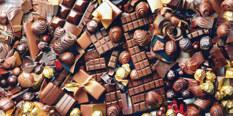 Ai Generated, Generative Ai, high angle view various kind of colorful chocolate cacao candies, mixed flavor, bitter and milk and dark, bonbon, with copy space, world chocolate day concept