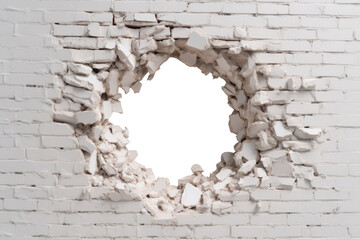 Hole in white brick wall