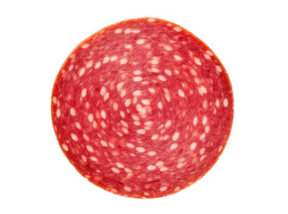 Round slice of salami isolated on transparent background, top view
