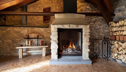 Fireplace in the old house. Harmonious Retreat: Fireplace, Wooden Beams, and the Allure of Natural Stone