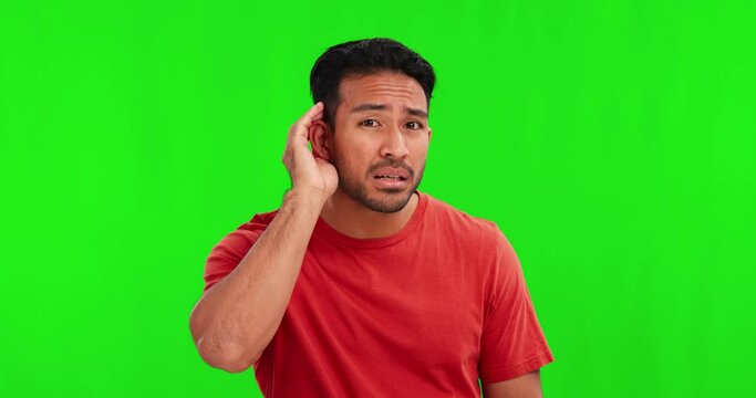 Green screen, man face and hand on ear for listen, huh or speak up expression on mockup background. Volume, portrait and asian male person with gesture for pardon, what or hearing, whisper or secret