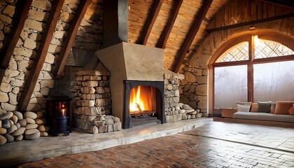 Fireplace in the house. Front view of a natural stone wall in a house with the fireplace, Wooden Beams, and the Allure of Natural Stone
