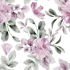 beautiful watercolor purple flower and greenery leaves seamless pattern